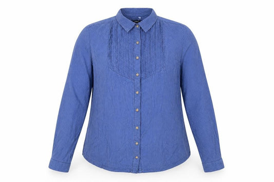 Front view of Dash women’s blue striped cotton basic button-up, size UK 14, collared