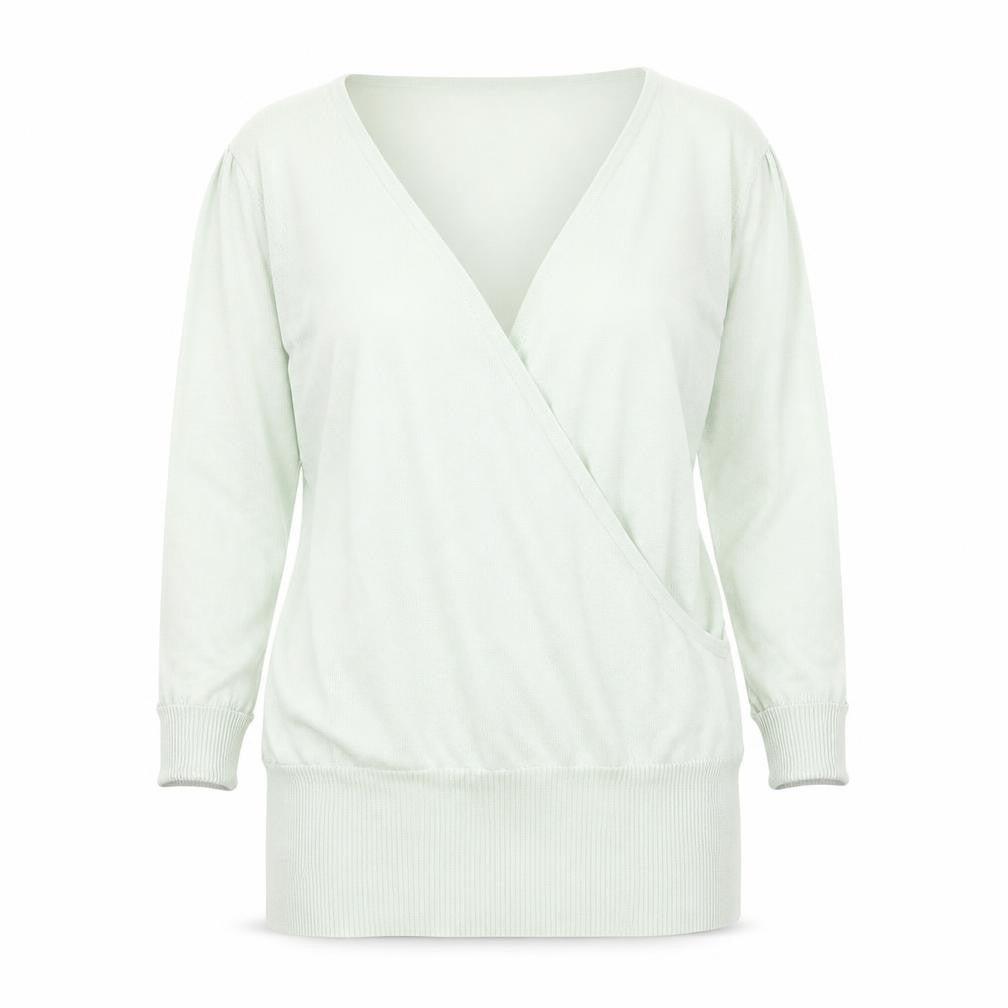 Front view of New Look women’s green v-neck viscose jumper, size UK 10