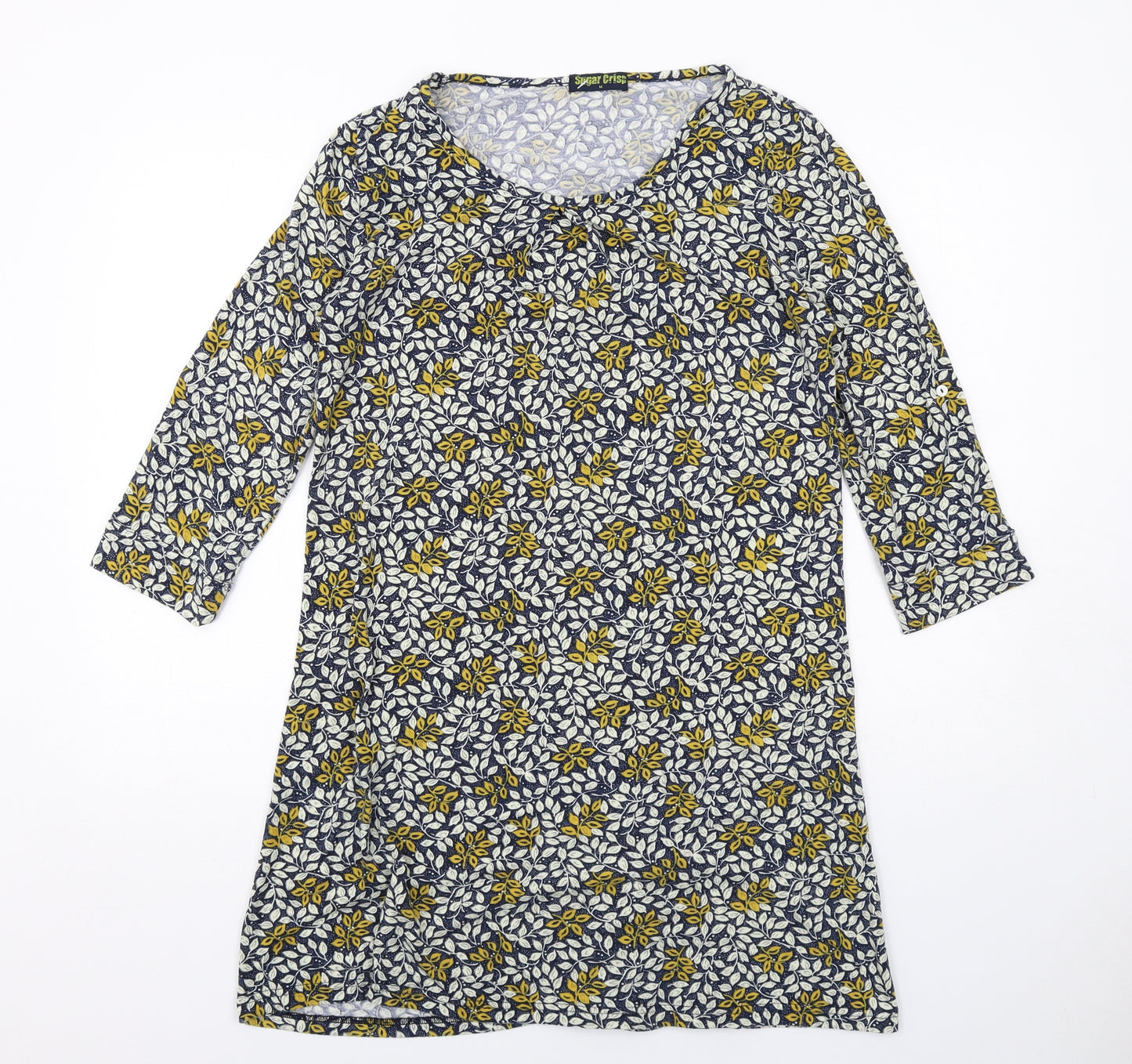 Sugar Crisp Womens Black Geometric Polyester A-Line Size M Round Neck Pullover - Leaf pattern