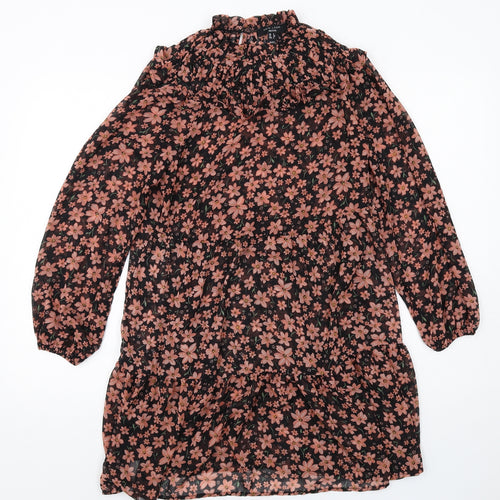 New Look Womens Black Floral Polyester A-Line Size 8 Mock Neck Button
