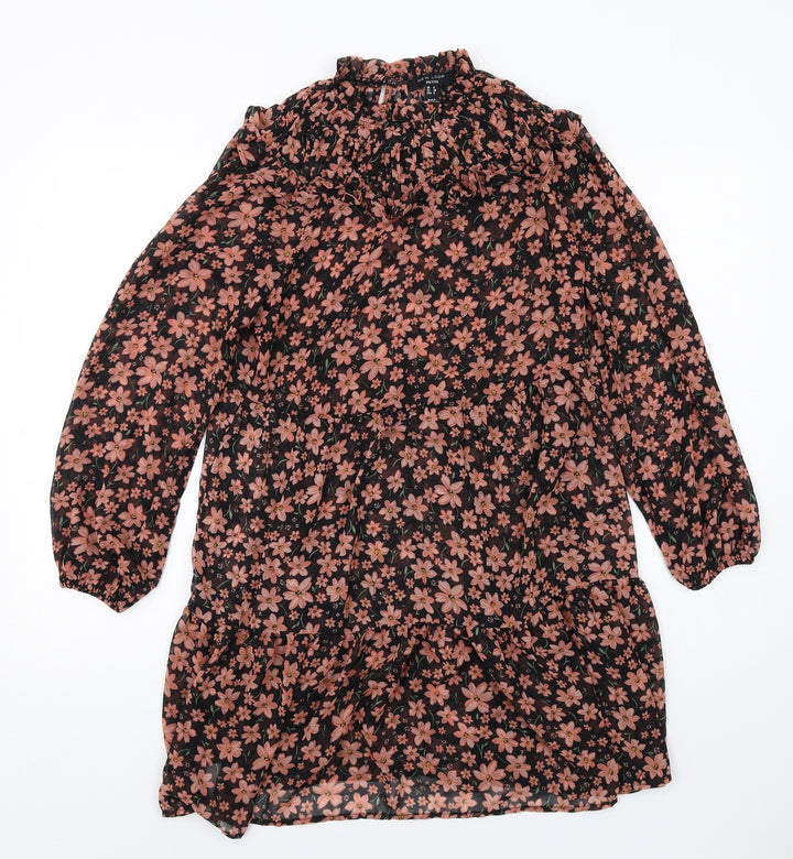 New Look Womens Black Floral Polyester A-Line Size 8 Mock Neck Button