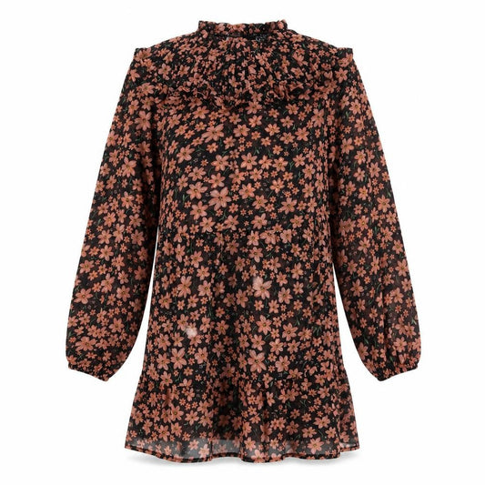Front view of New Look women’s black floral polyester a-line, size UK 8, mock neck button