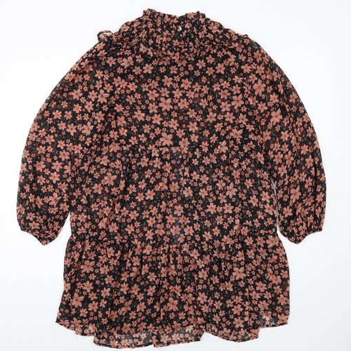 New Look Womens Black Floral Polyester A-Line Size 8 Mock Neck Button