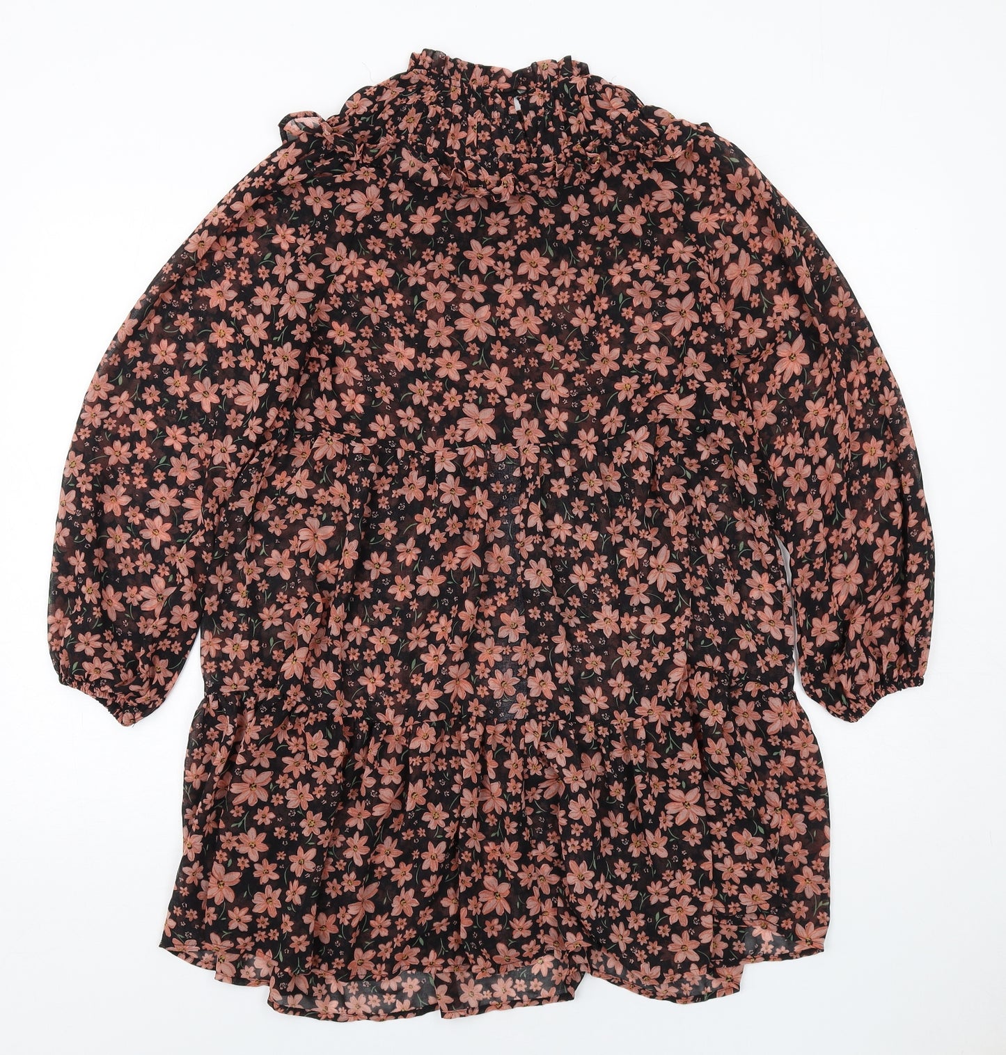 New Look Womens Black Floral Polyester A-Line Size 8 Mock Neck Button