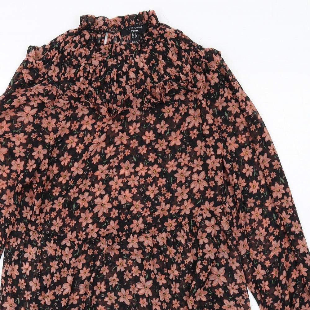 New Look Womens Black Floral Polyester A-Line Size 8 Mock Neck Button