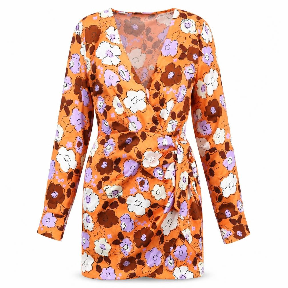 Front view of Zara women’s orange floral polyester bodycon, size S, v-neck tie