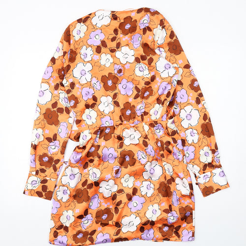 Zara Womens Orange Floral Polyester Bodycon Size S V-Neck Tie