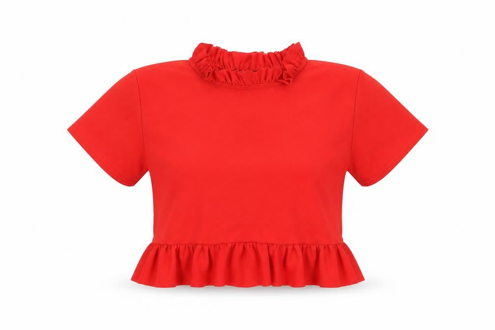 Front view of Cameo Rose women’s red polyester cropped t-shirt, size UK 14, round neck