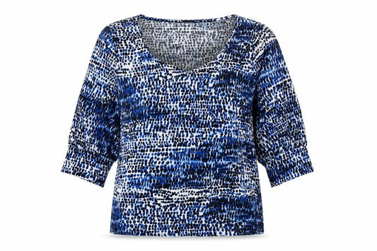 Front view of JD Williams women’s blue geometric polyester basic blouse, size UK 12, round neck