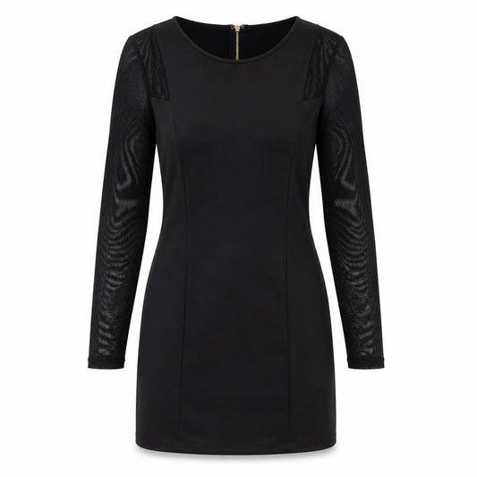 Front view of Level Eight women’s black polyester shift, size M, round neck zip - lace sleeve detail