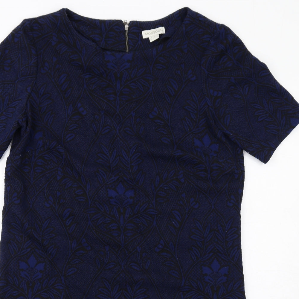 Monsoon Womens Blue Geometric Polyester Shift Size 16 Round Neck Zip