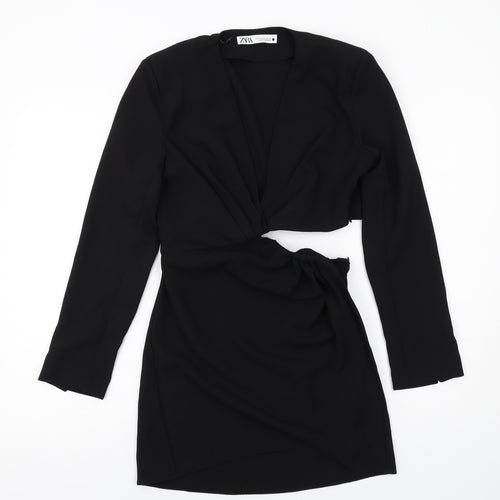 Zara Womens Black Polyester Mini Size S V-Neck Zip