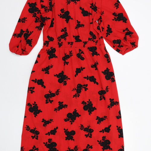 New Look Womens Red Floral Polyester A-Line Size 10 Round Neck Button