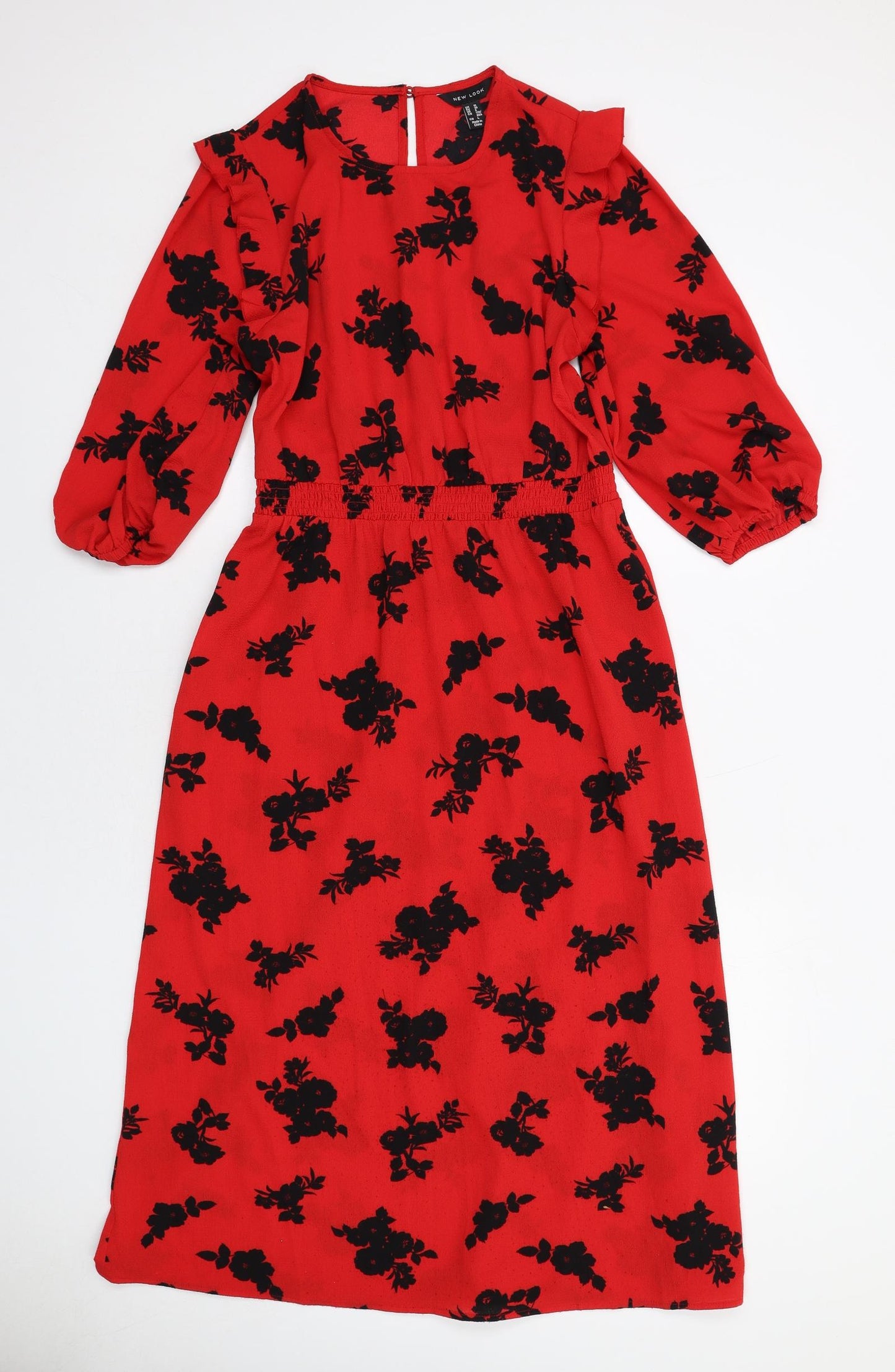 New Look Womens Red Floral Polyester A-Line Size 10 Round Neck Button