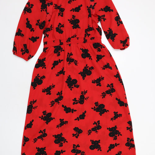 New Look Womens Red Floral Polyester A-Line Size 10 Round Neck Button