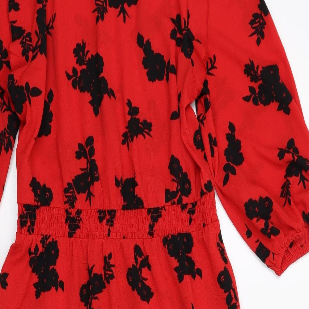 New Look Womens Red Floral Polyester A-Line Size 10 Round Neck Button