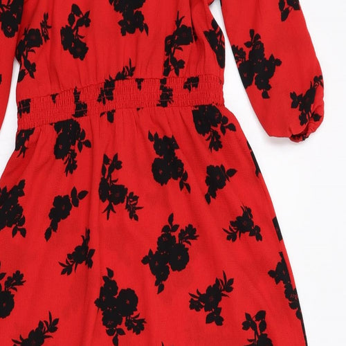 New Look Womens Red Floral Polyester A-Line Size 10 Round Neck Button