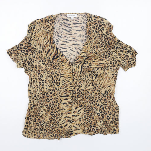 Warehouse Womens Beige Animal Print Viscose Basic Button-Up Size 14 Round Neck - Leopard Print