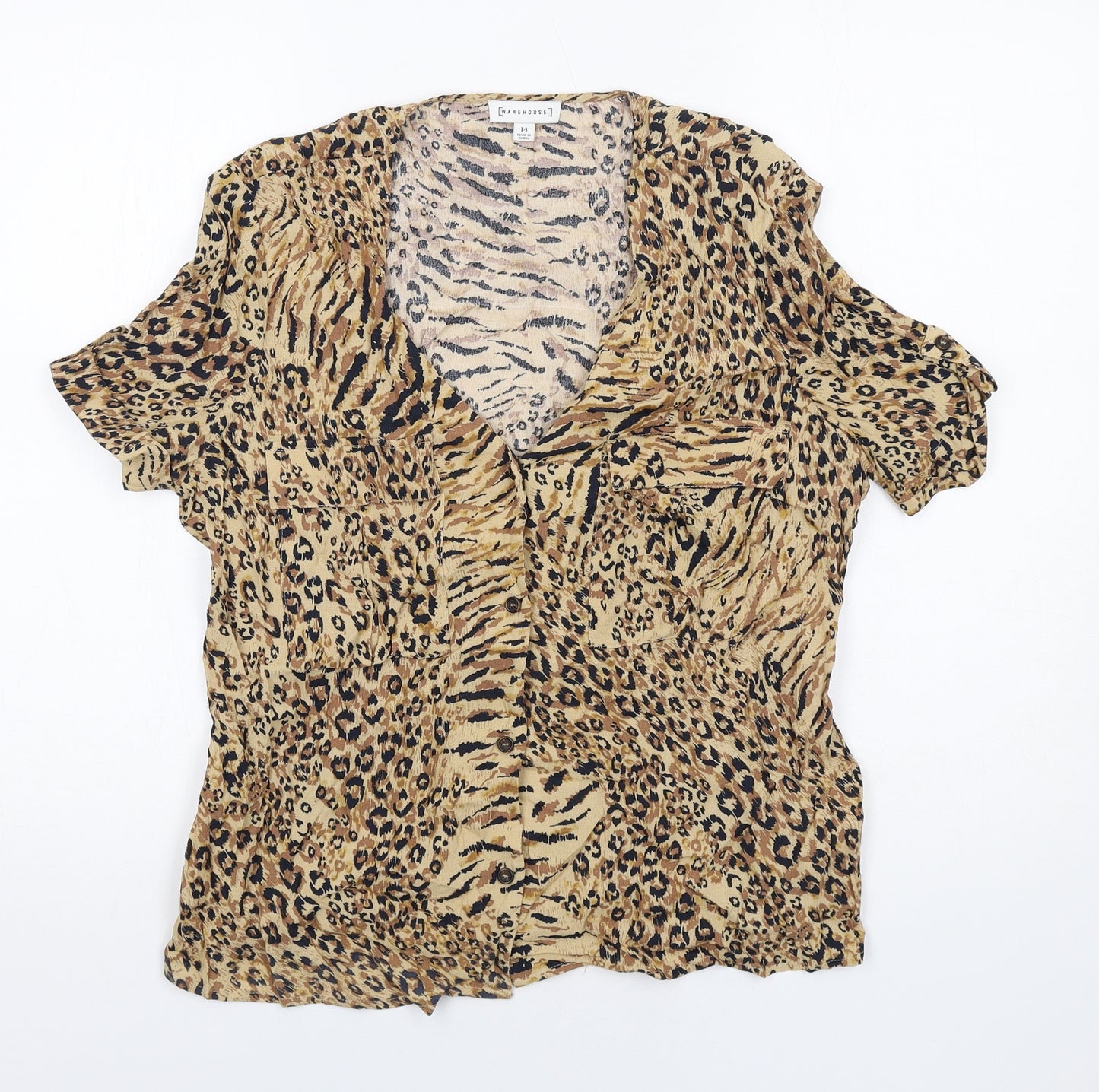 Warehouse Womens Beige Animal Print Viscose Basic Button-Up Size 14 Round Neck - Leopard Print