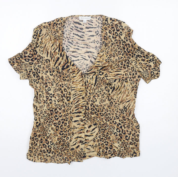 Warehouse Womens Beige Animal Print Viscose Basic Button-Up Size 14 Round Neck - Leopard Print