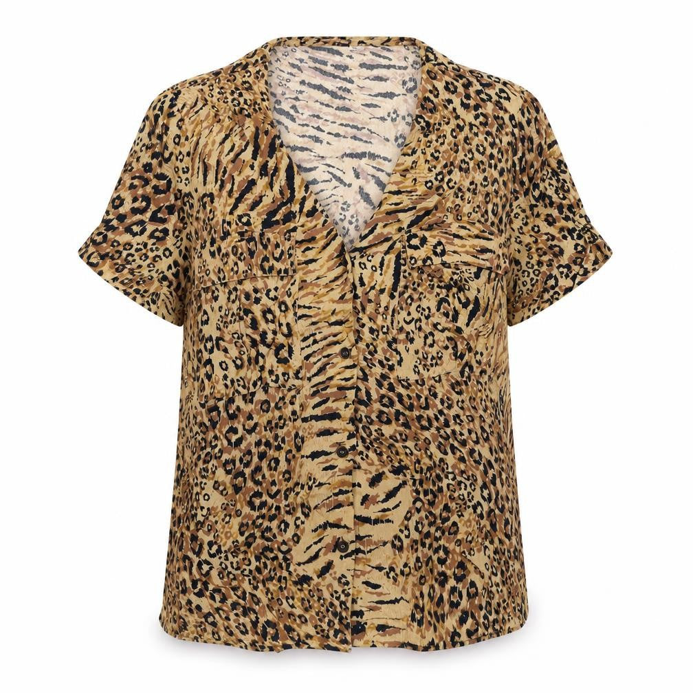 Front view of Warehouse women’s beige animal print viscose basic button-up, size UK 14, round neck - leopard print
