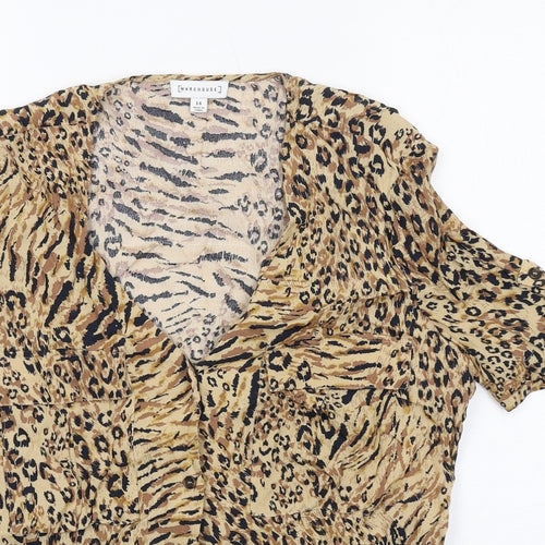 Warehouse Womens Beige Animal Print Viscose Basic Button-Up Size 14 Round Neck - Leopard Print