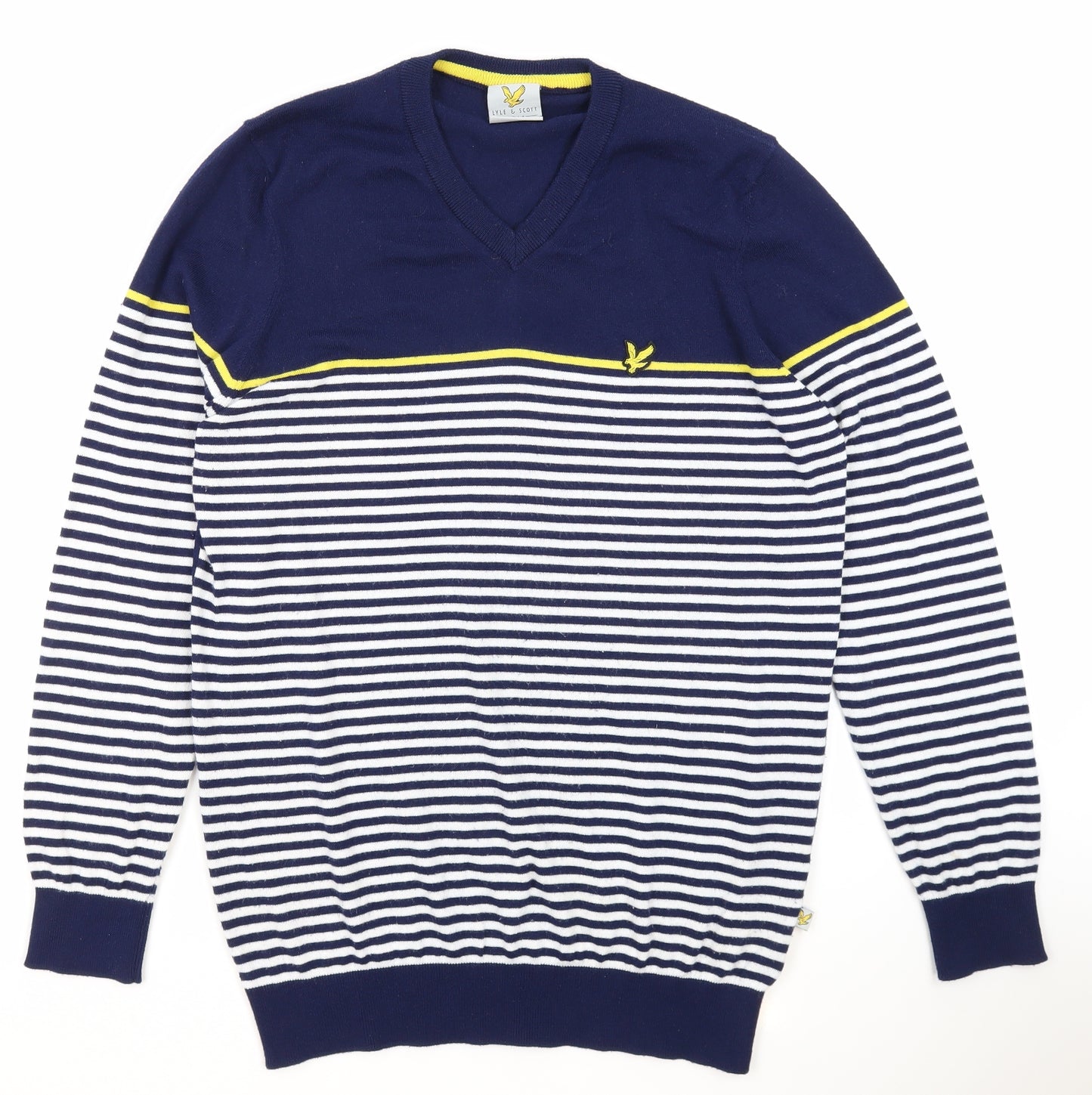 Lyle & Scott Mens Blue V-Neck Striped Polyester Pullover Jumper Size L Long Sleeve - Golf