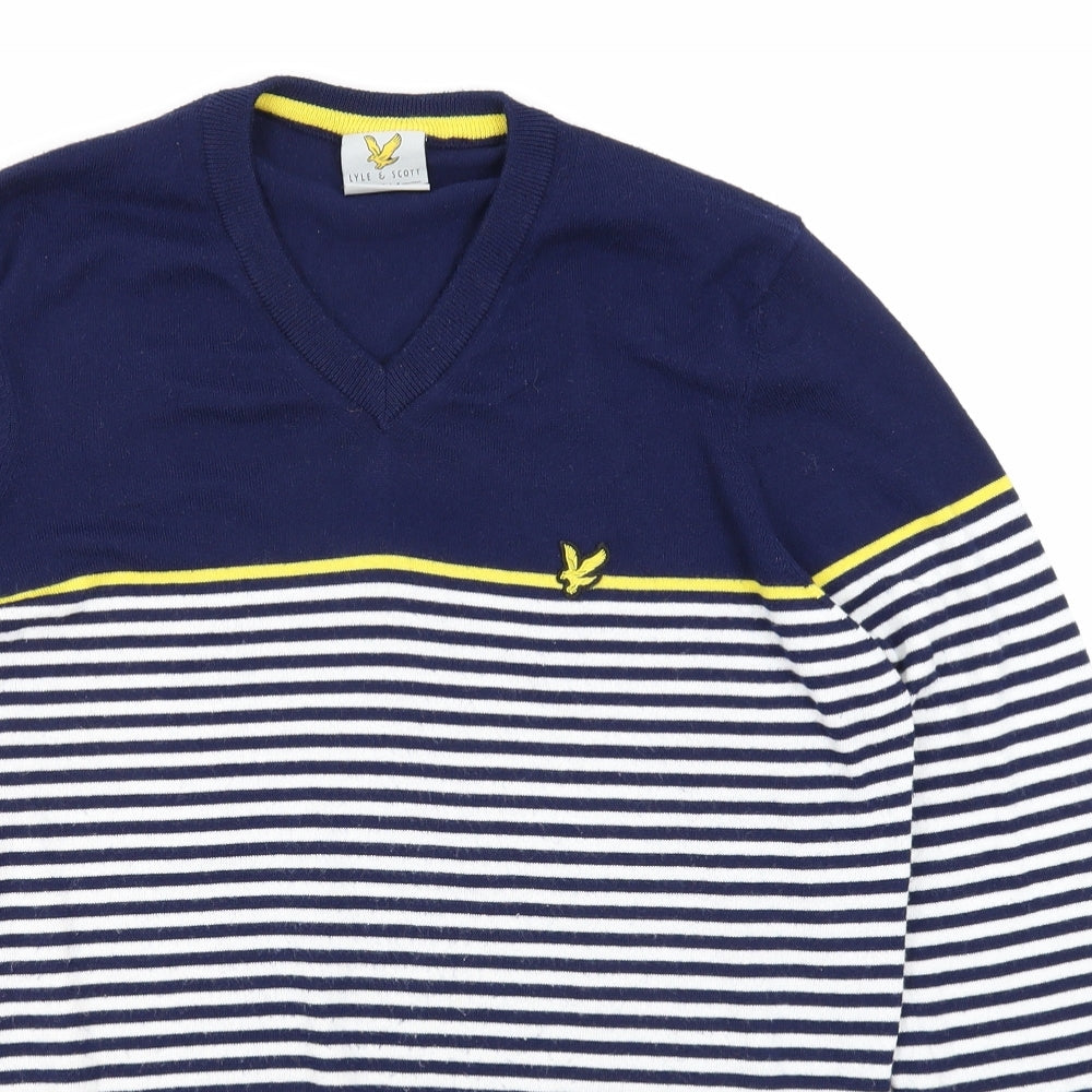 Lyle & Scott Mens Blue V-Neck Striped Polyester Pullover Jumper Size L Long Sleeve - Golf