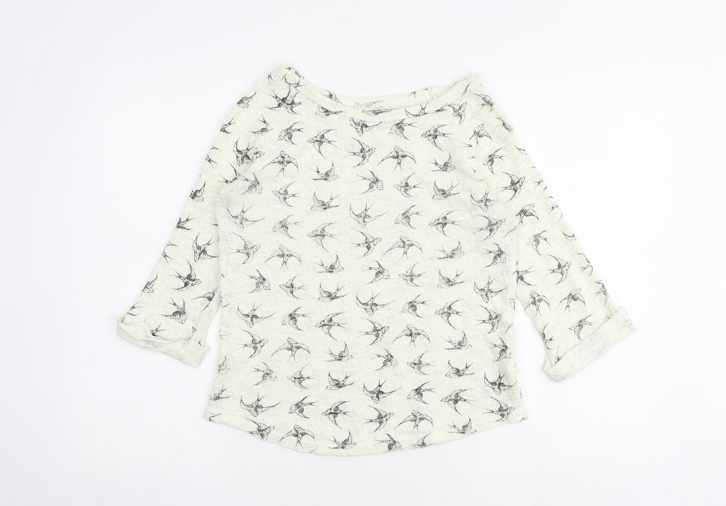 New Look Womens Ivory Boat Neck Geometric Cotton Pullover Jumper Size 8 - Bird pattern