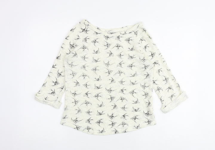 New Look Womens Ivory Boat Neck Geometric Cotton Pullover Jumper Size 8 - Bird pattern