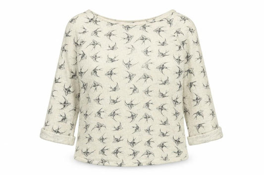 Front view of New Look women’s ivory boat neck geometric cotton jumper, size UK 8, - bird pattern