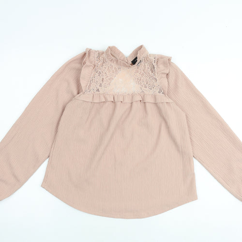 New Look Womens Pink Polyester Basic Blouse Size 6 Mock Neck - Lace Details