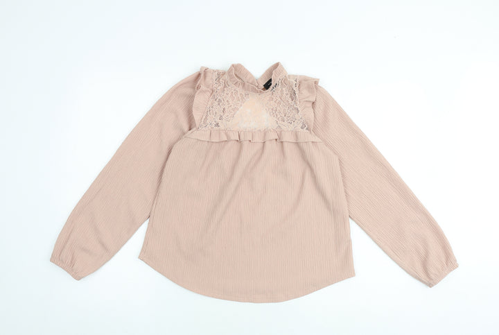 New Look Womens Pink Polyester Basic Blouse Size 6 Mock Neck - Lace Details
