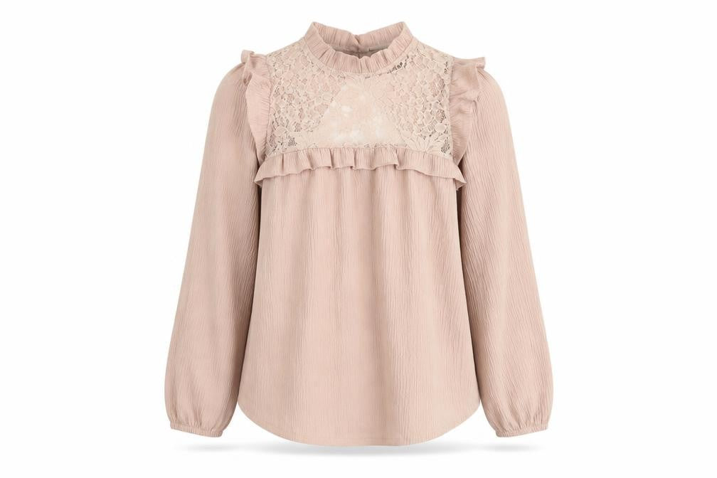Front view of New Look women’s pink polyester basic blouse, size UK 6, mock neck - lace details