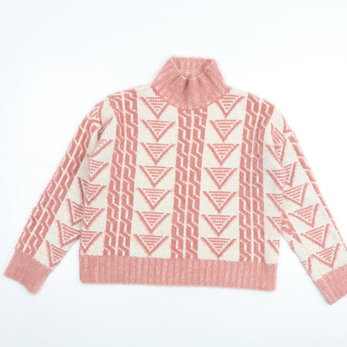 Fashion Union Womens Pink Mock Neck Geometric Acrylic Pullover Jumper Size 8