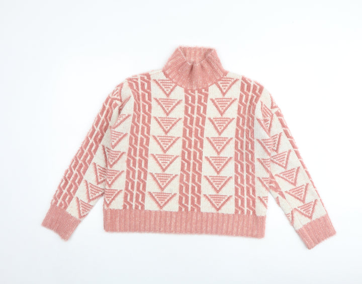 Fashion Union Womens Pink Mock Neck Geometric Acrylic Pullover Jumper Size 8