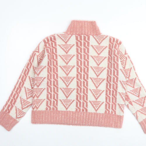 Fashion Union Womens Pink Mock Neck Geometric Acrylic Pullover Jumper Size 8