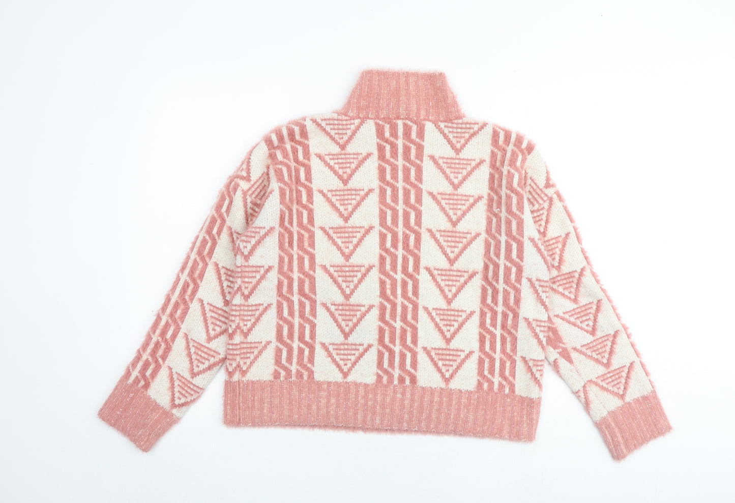 Fashion Union Womens Pink Mock Neck Geometric Acrylic Pullover Jumper Size 8