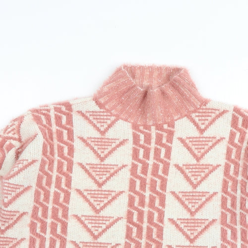 Fashion Union Womens Pink Mock Neck Geometric Acrylic Pullover Jumper Size 8