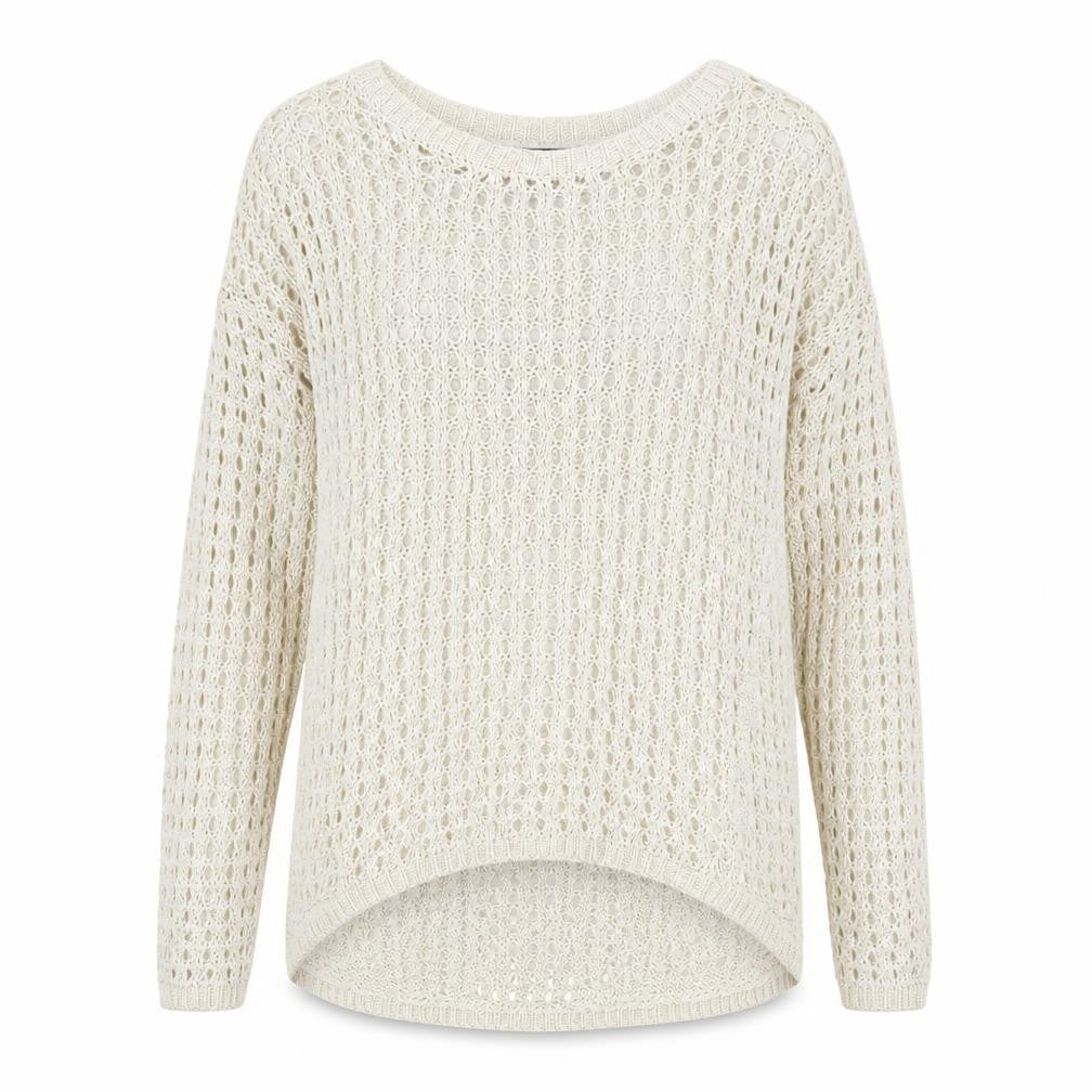 Front view of Warehouse women’s beige round neck acrylic jumper, size UK 14