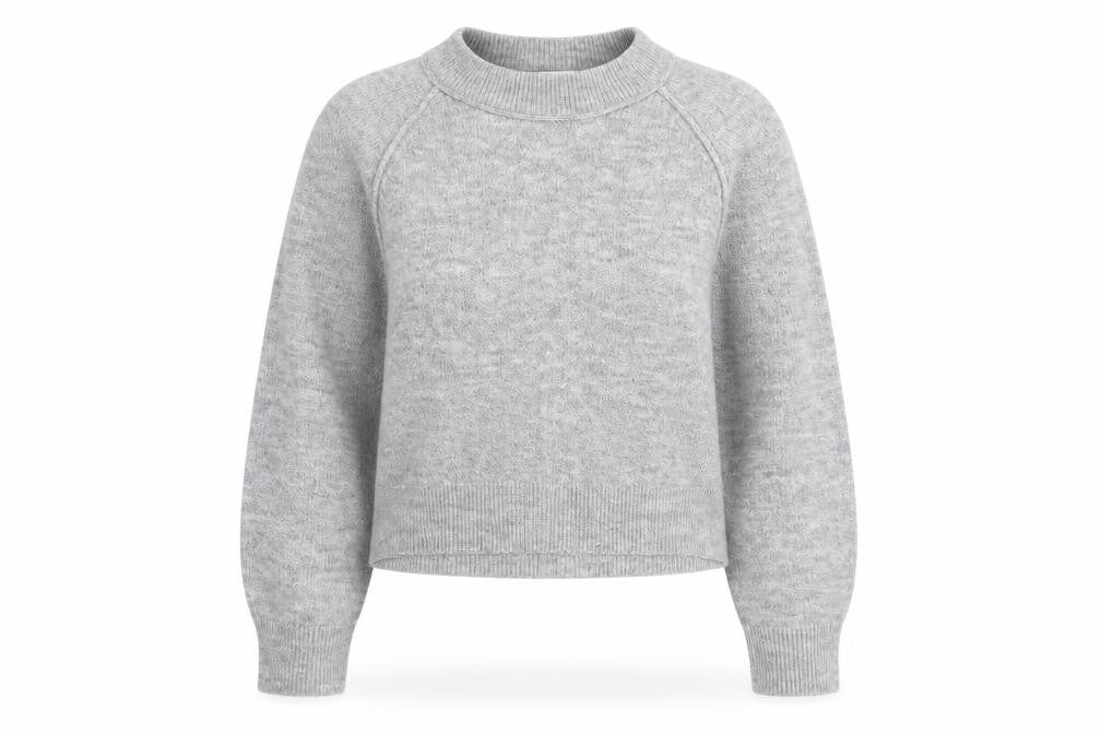 Front view of Topshop women’s grey round neck acrylic jumper, size S