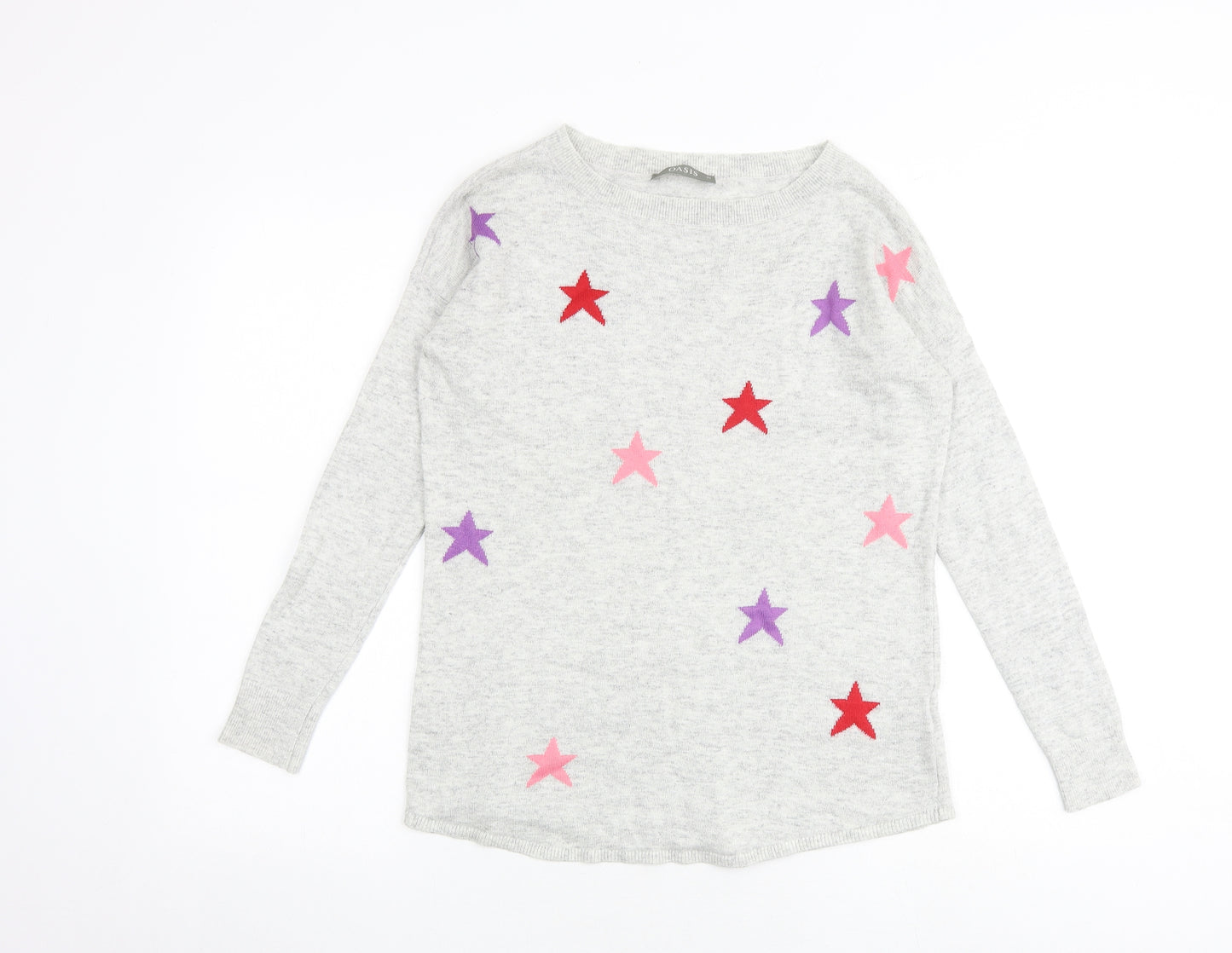 Oasis Womens Grey Round Neck Geometric Viscose Pullover Jumper Size XS - Stars