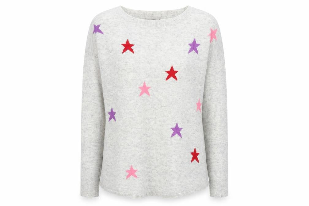 Oasis Womens Grey Round Neck Geometric Viscose Pullover Jumper Size XS - Stars