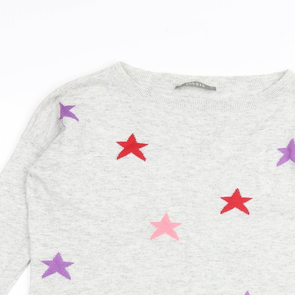 Oasis Womens Grey Round Neck Geometric Viscose Pullover Jumper Size XS - Stars