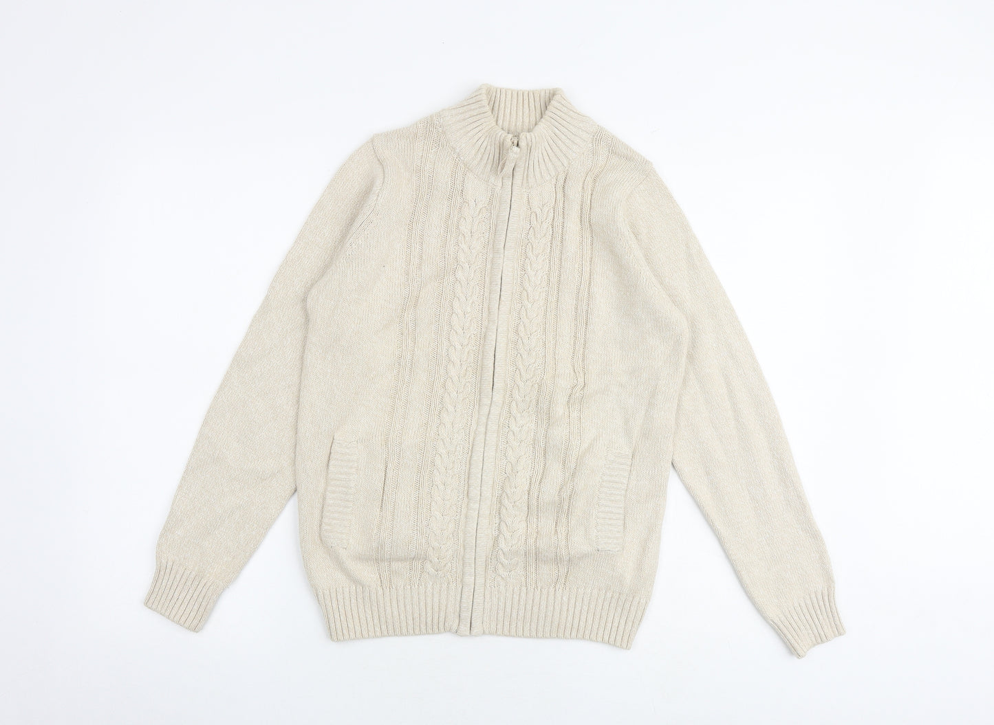 EWM Womens Beige Mock Neck 100% Cotton Full Zip Jumper Size 10 - Size 10-12