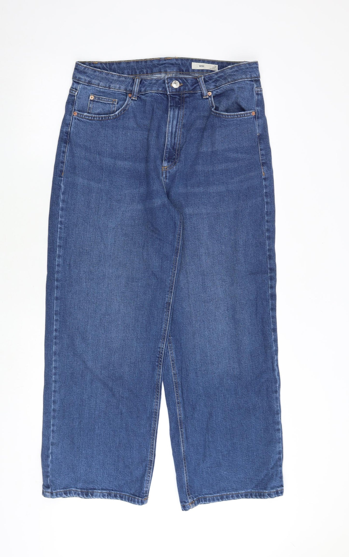 Marks and Spencer Womens Blue Cotton Wide-Leg Jeans Size 16 Regular Zip