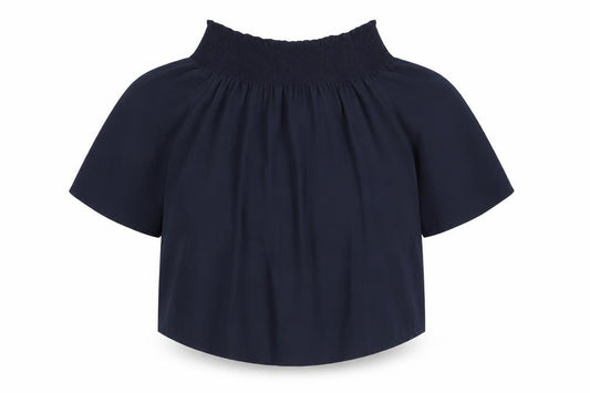 Front view of Warehouse women’s blue polyester basic blouse, size UK 12, round neck