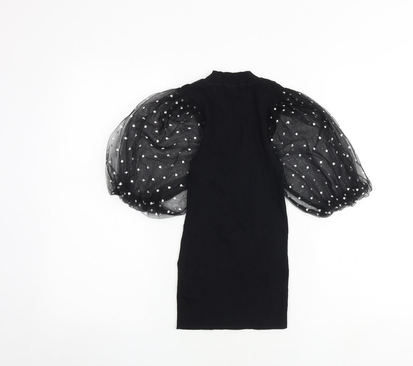 River Island Womens Black Viscose Basic T-Shirt Size 10 Mock Neck - Mesh Sleeve