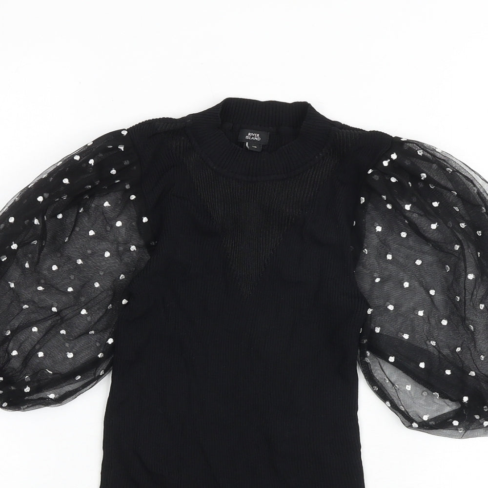 River Island Womens Black Viscose Basic T-Shirt Size 10 Mock Neck - Mesh Sleeve