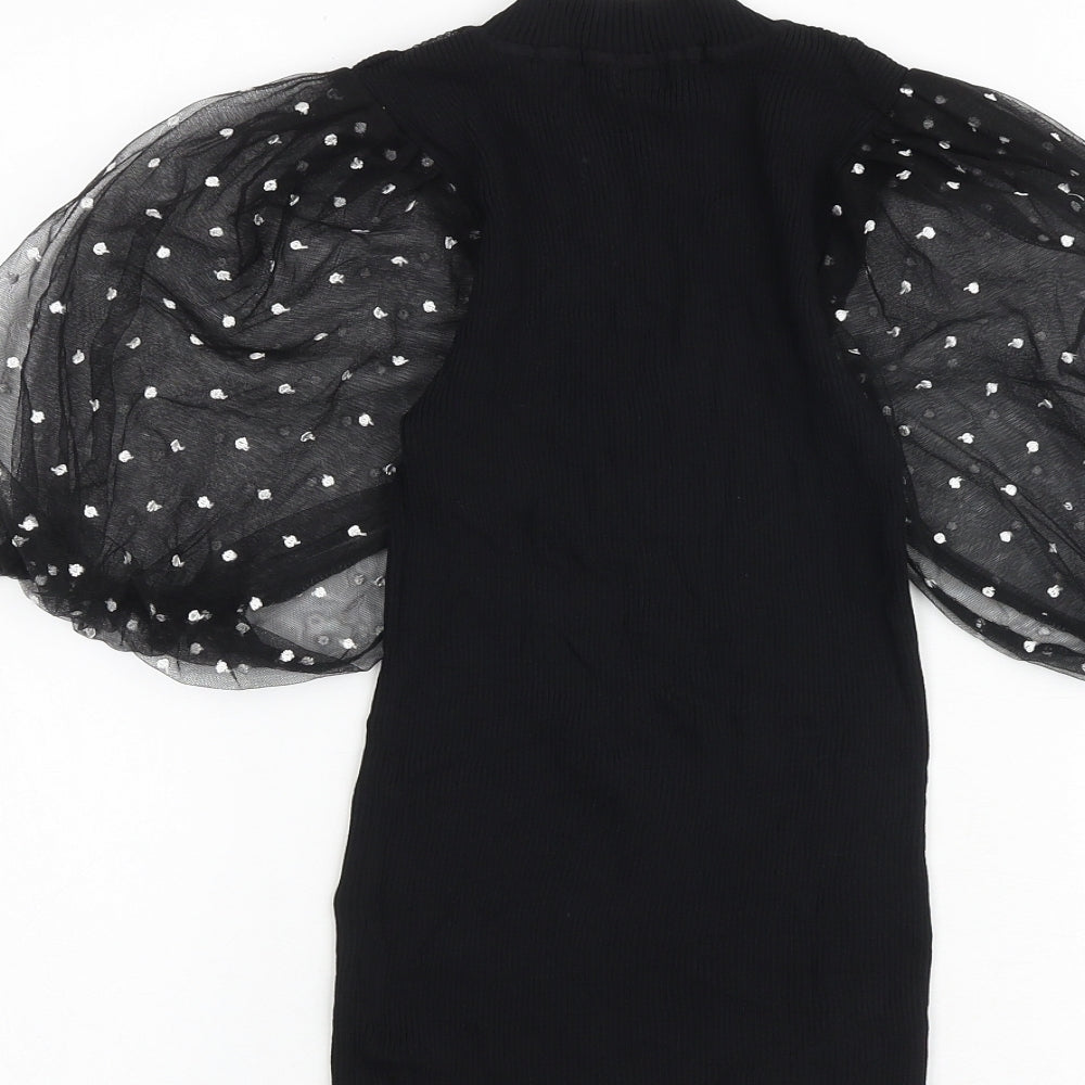 River Island Womens Black Viscose Basic T-Shirt Size 10 Mock Neck - Mesh Sleeve